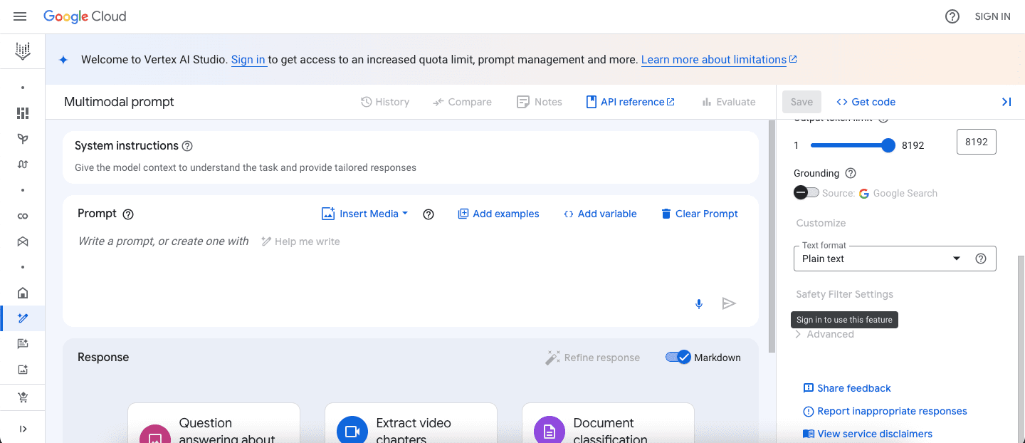 Vertex AI Studio's multimodal prompt interface
