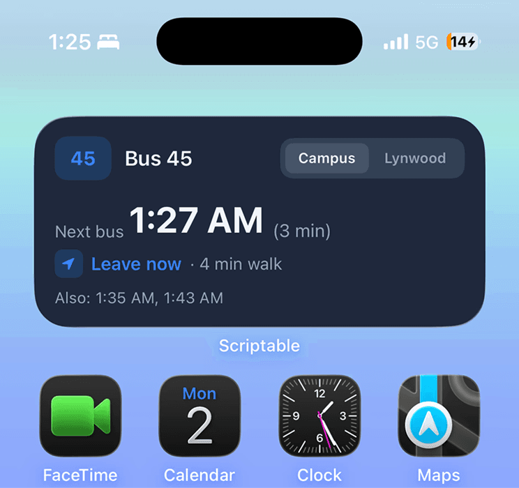 iOS widget stack showing next bus arrival times