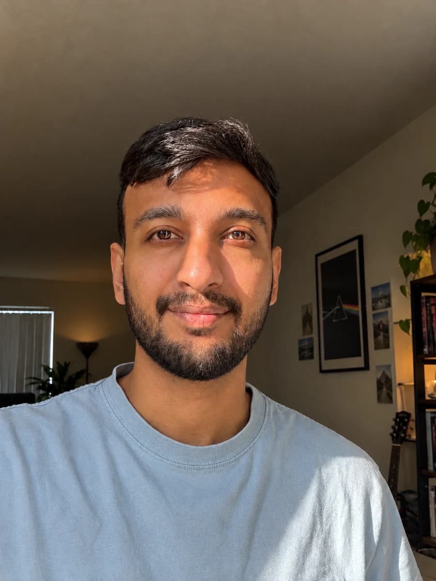 Siddharth at home, in a light-blue T-shirt