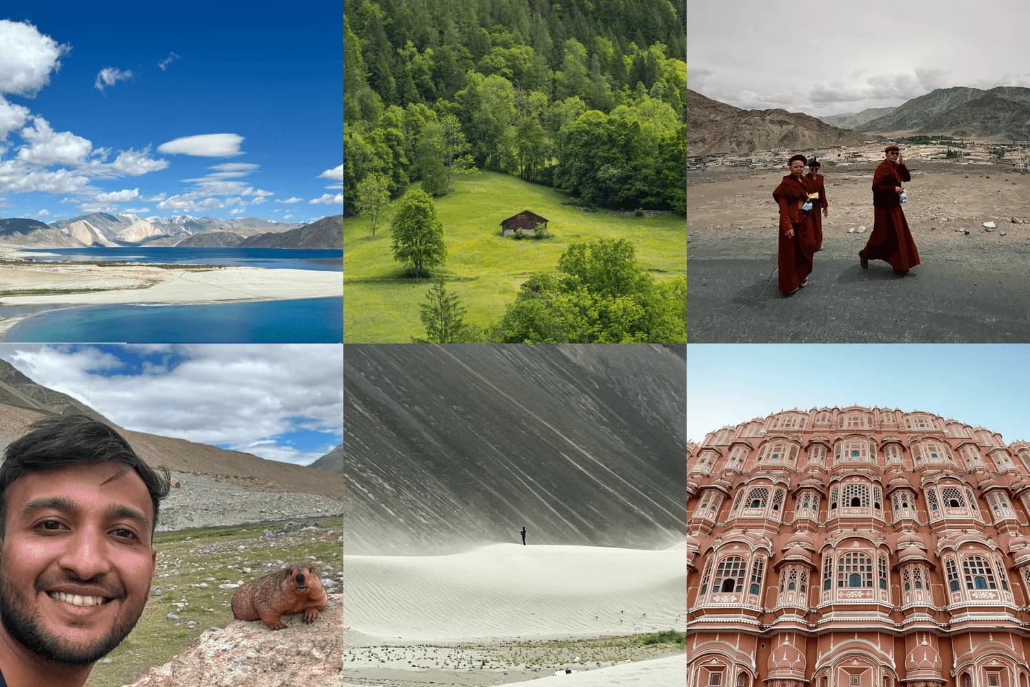 Siddharth’s travel photos: a mountain lake, a green valley, monks walking, a selfie, sand dunes and the Hawa Mahal