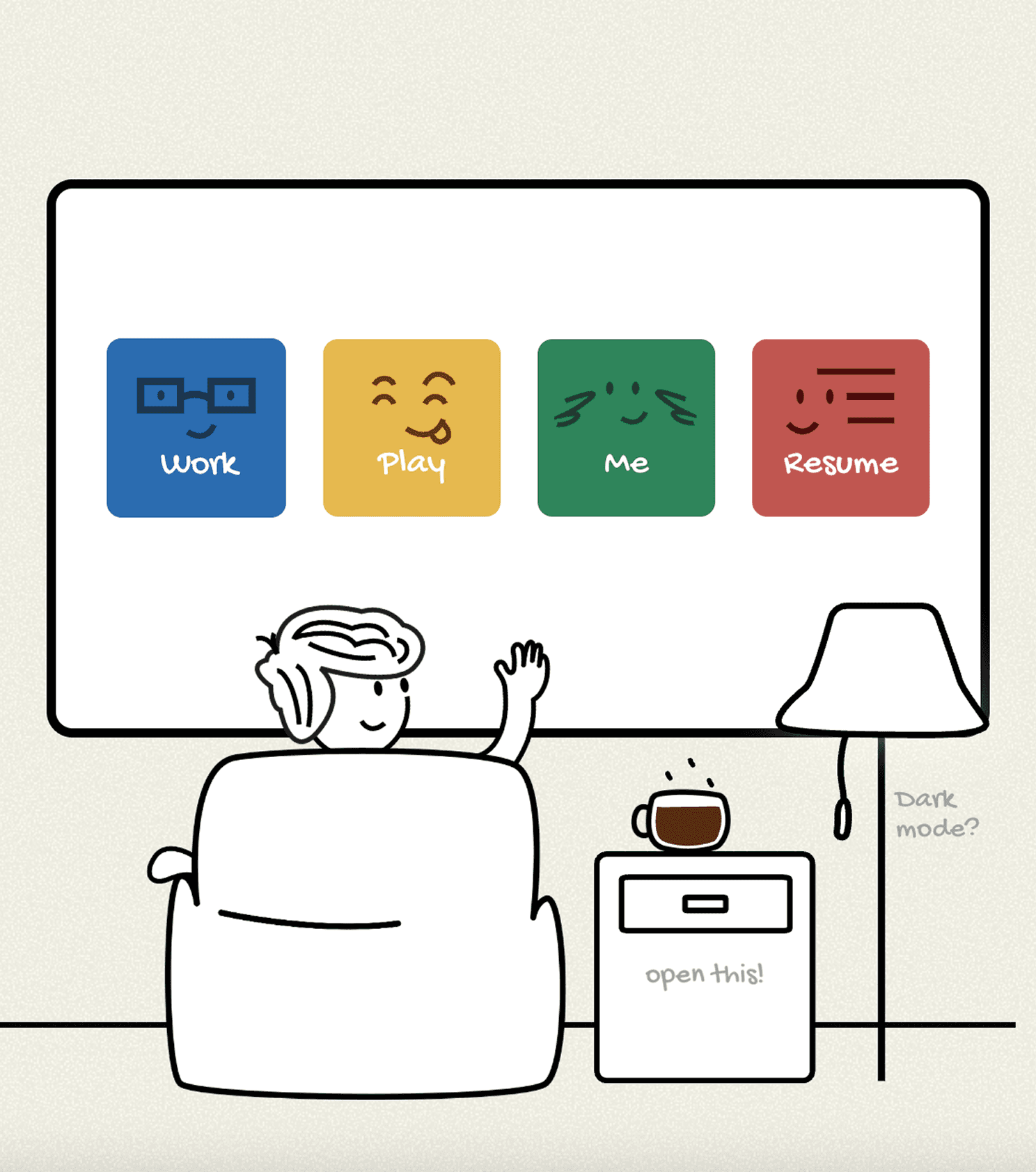 Illustration of someone on a couch choosing between Work, Play, Me, and Resume tiles on a TV screen