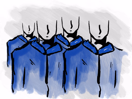 Hand-drawn illustration of rows of faceless workers in blue collared shirts