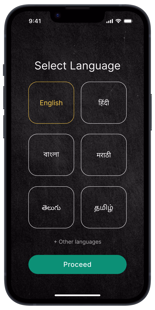 Onboarding language selection screen listing India's top spoken languages in order