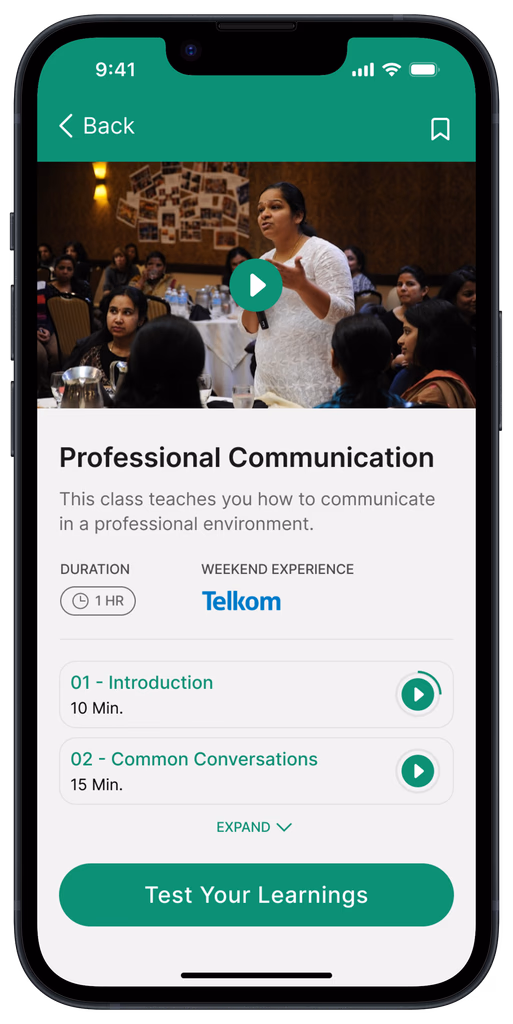 Learn flow showing a 10-minute daily lesson and the weekend experience it unlocks