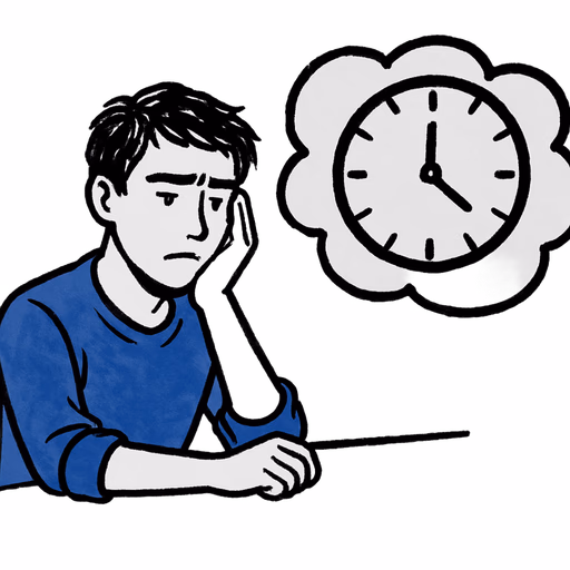 Illustration of a tired worker at a desk with a clock in a thought bubble