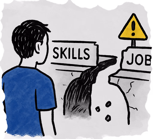 Illustration of a worker facing a collapsed bridge between a 'Skills' sign and a 'Job' sign