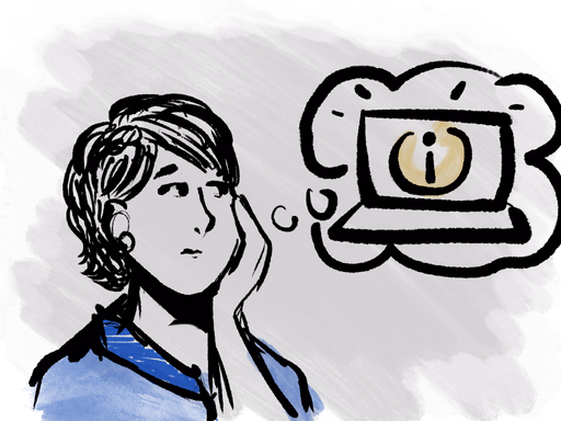 Illustration of a worker wondering about a laptop with an information symbol on its screen