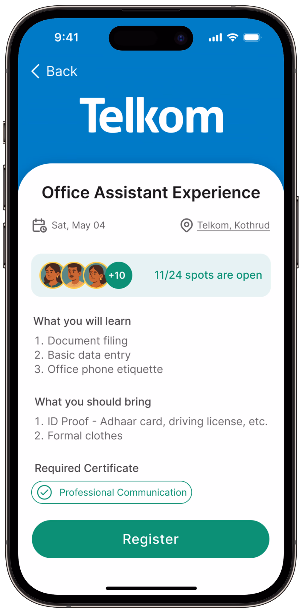 Weekend work experience sign-up screen